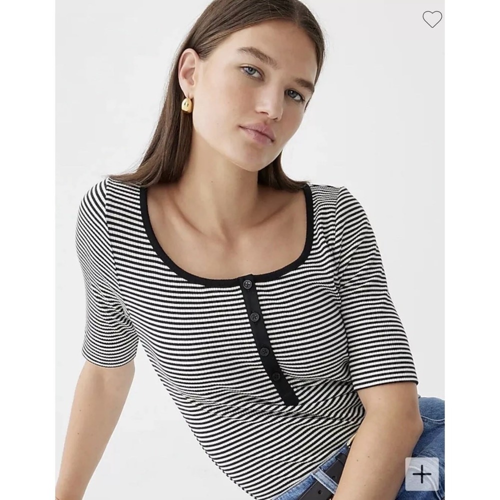 NWT J.Crew Women's Vintage Rib Henley T-Shirt in Stripe Black and White Size M